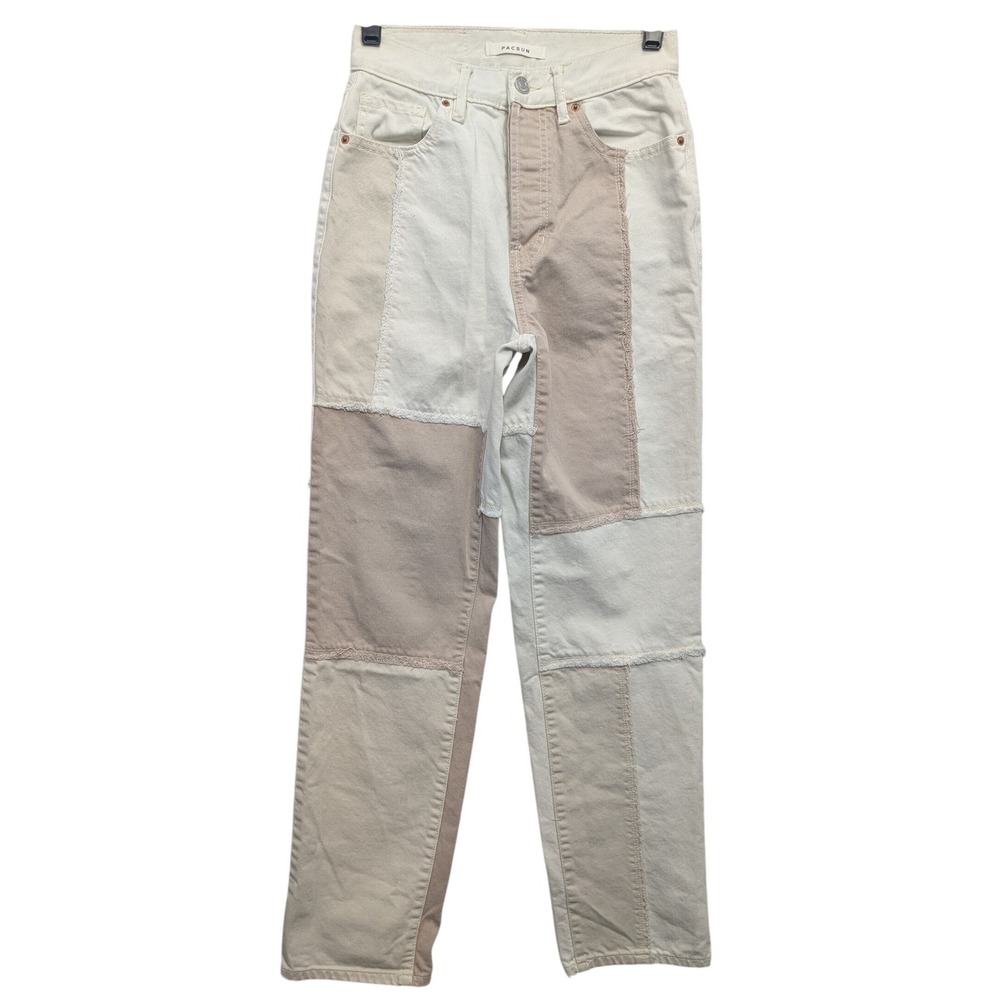 PacSun Dad Jean Women 24 Cream‎ Tan Patchwork High Rise Button Fly